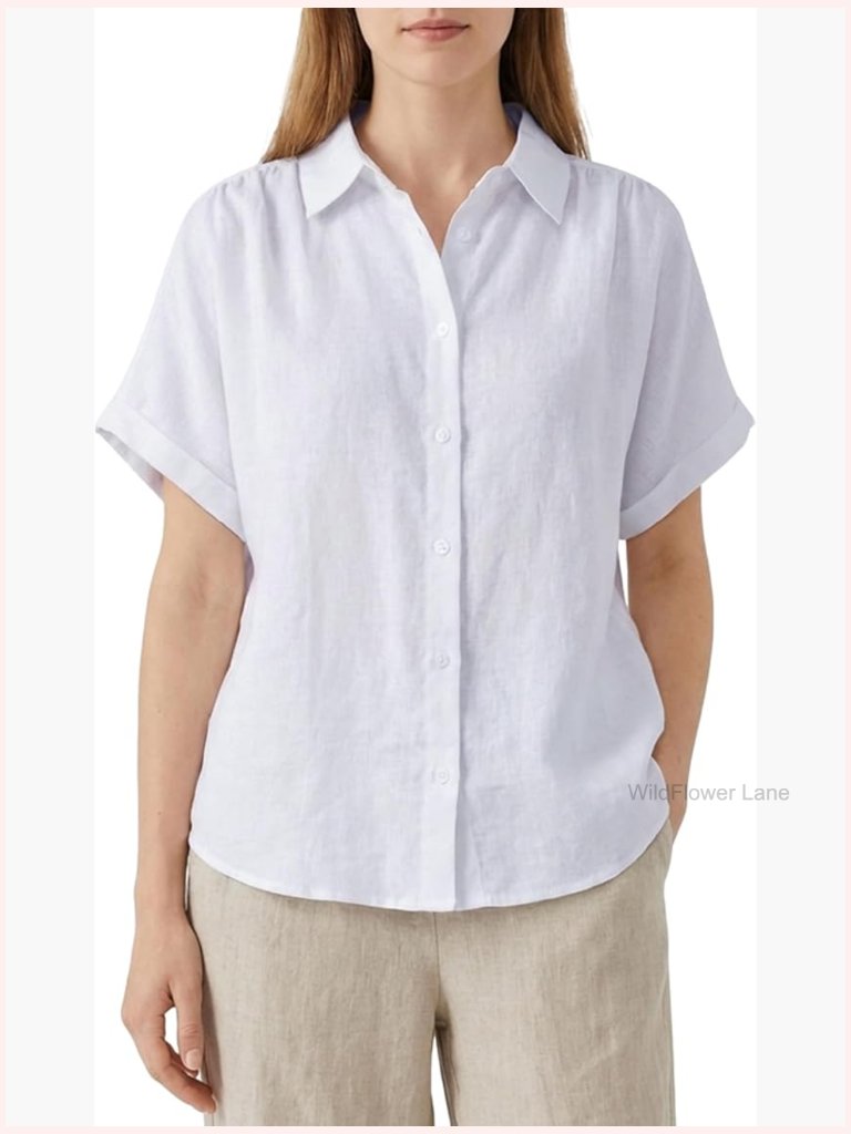 100% Linen Short Sleeve Button Down Shirt Blouse Summer V Neck